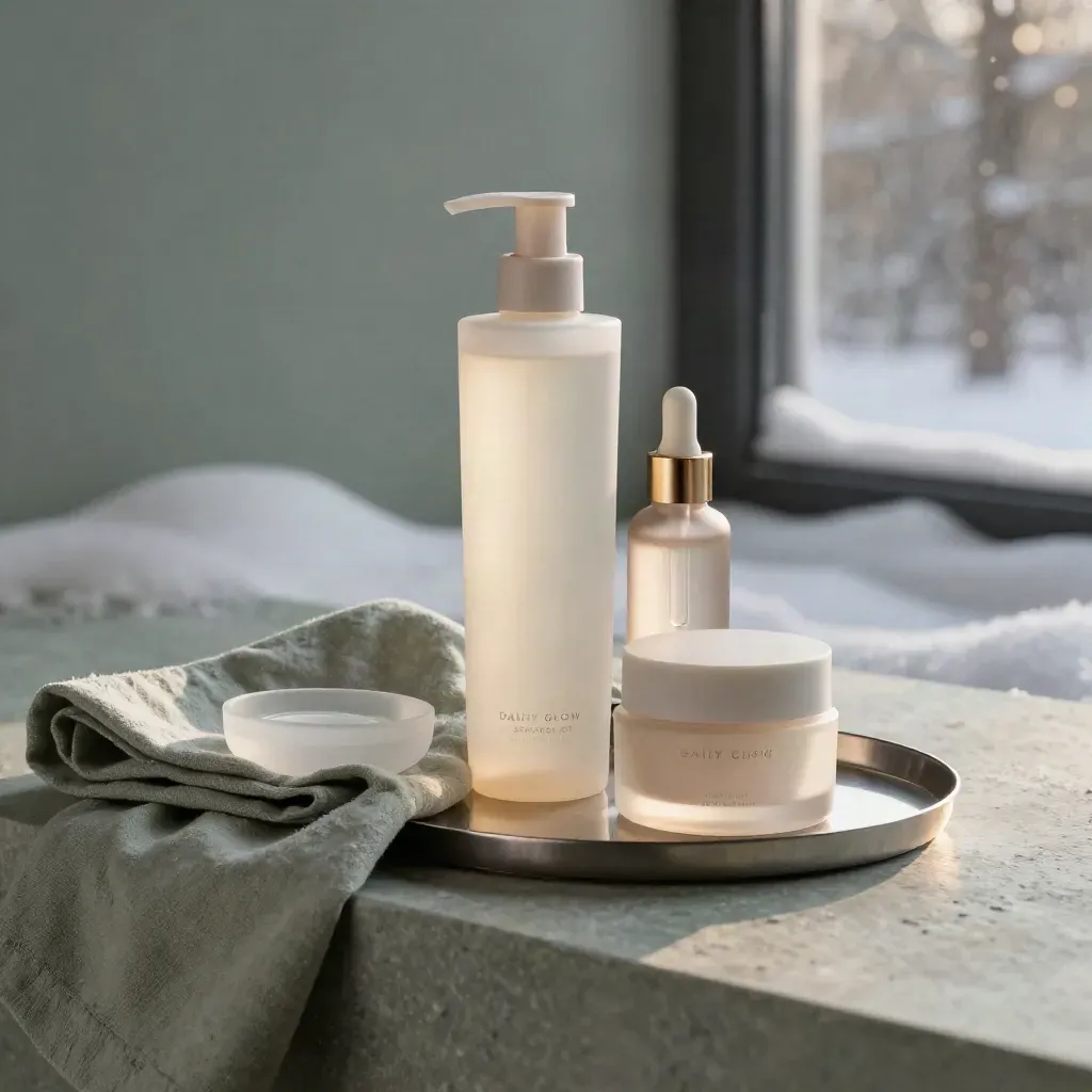 Skincare starter kit with cleanser, serum, moisturizer and compact on a stone plinth in snowy golden light.