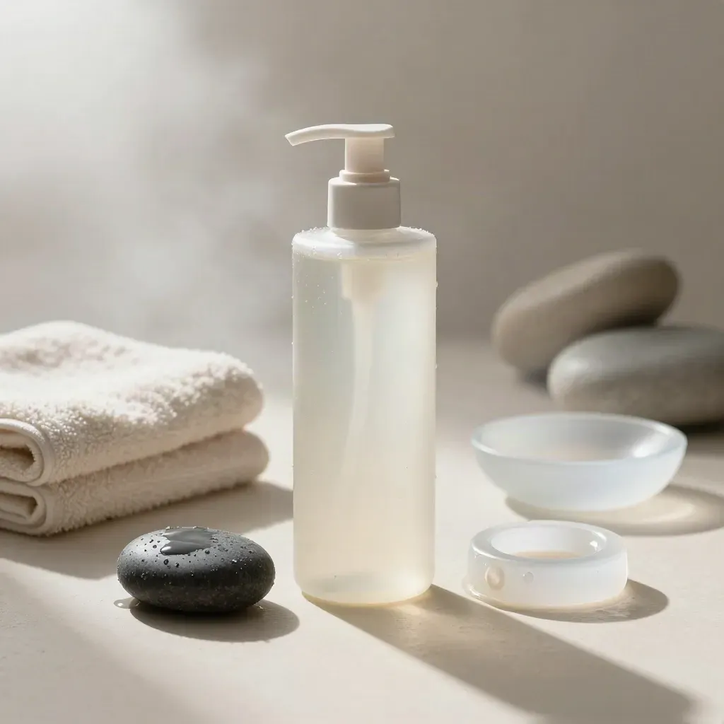 Gel cleanser bottle with a wet pebble on an ivory surface, misty luxury skincare scene.