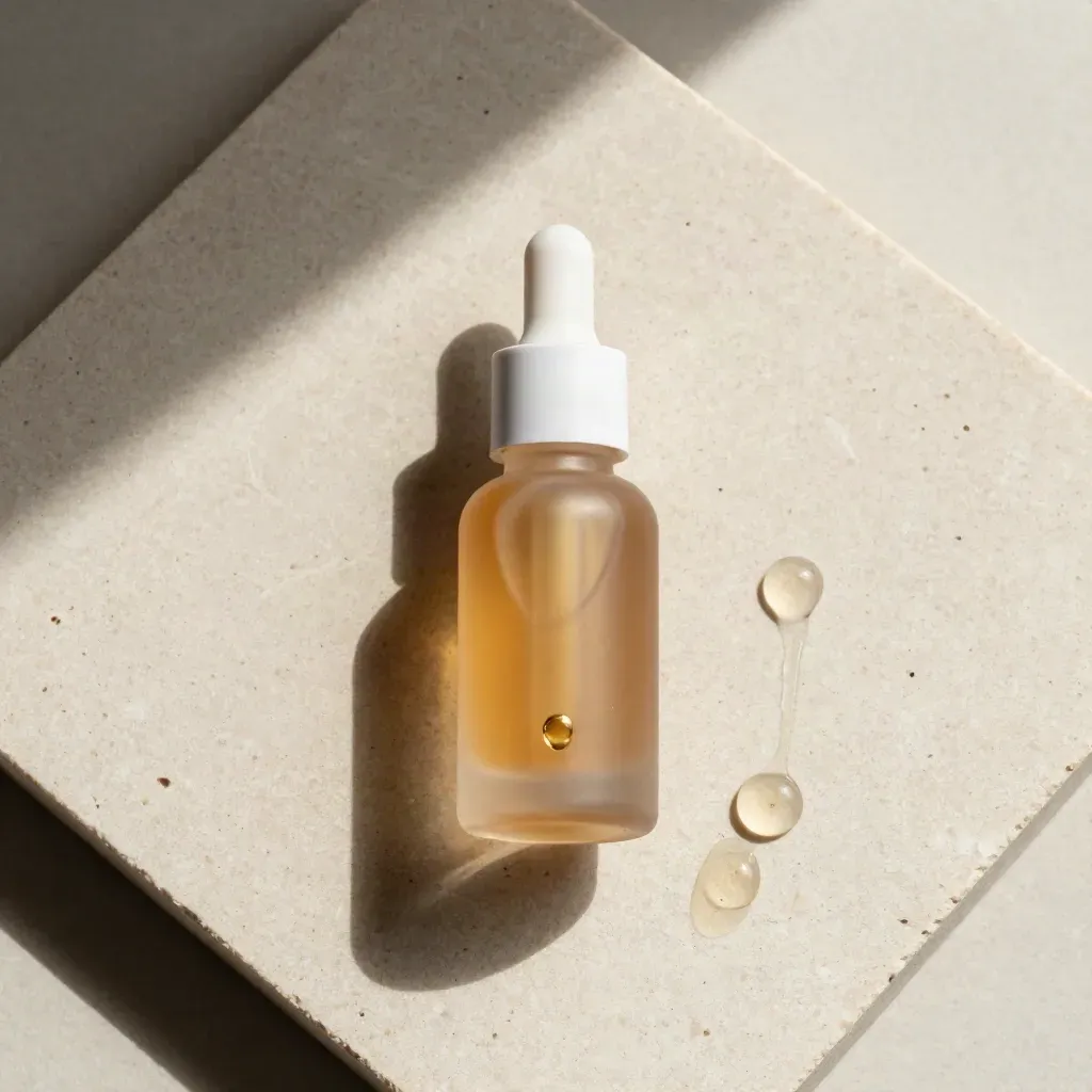 Overhead serum flatlay on pale stone with frosted beads and soft gold accents.