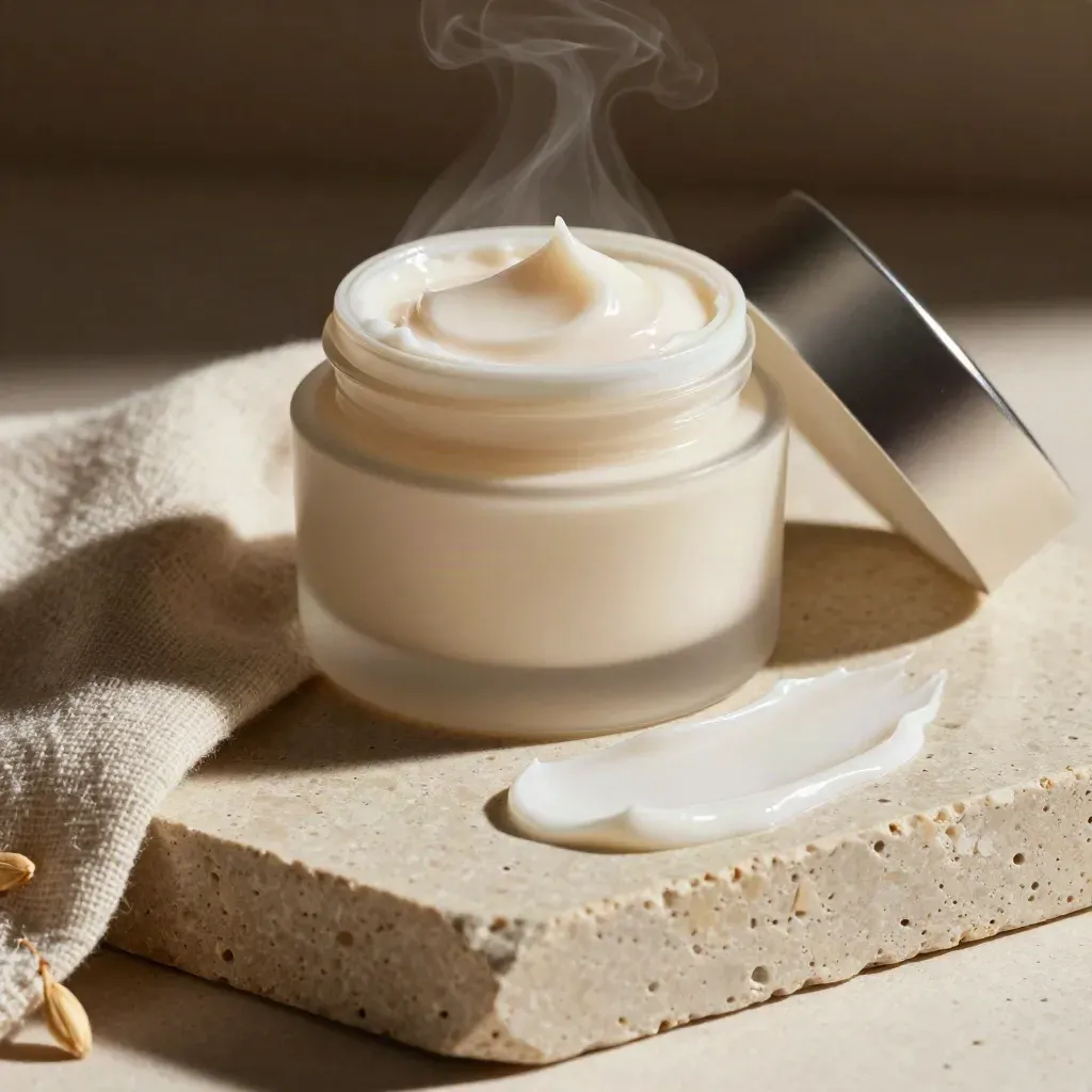 Open ivory moisturizer jar on travertine with cream swipe and folded linen, macro close-up.