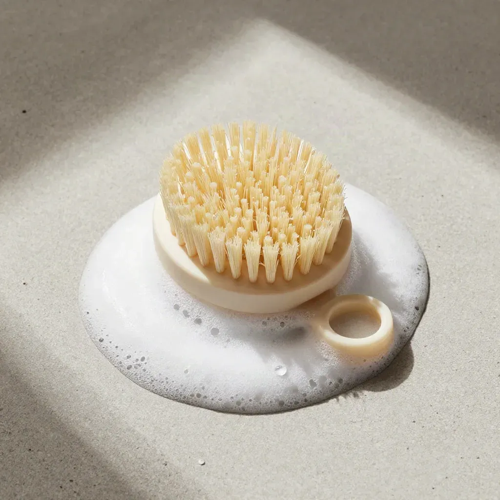 Overhead silicone cleansing brush in foam with water beads on pale concrete.
