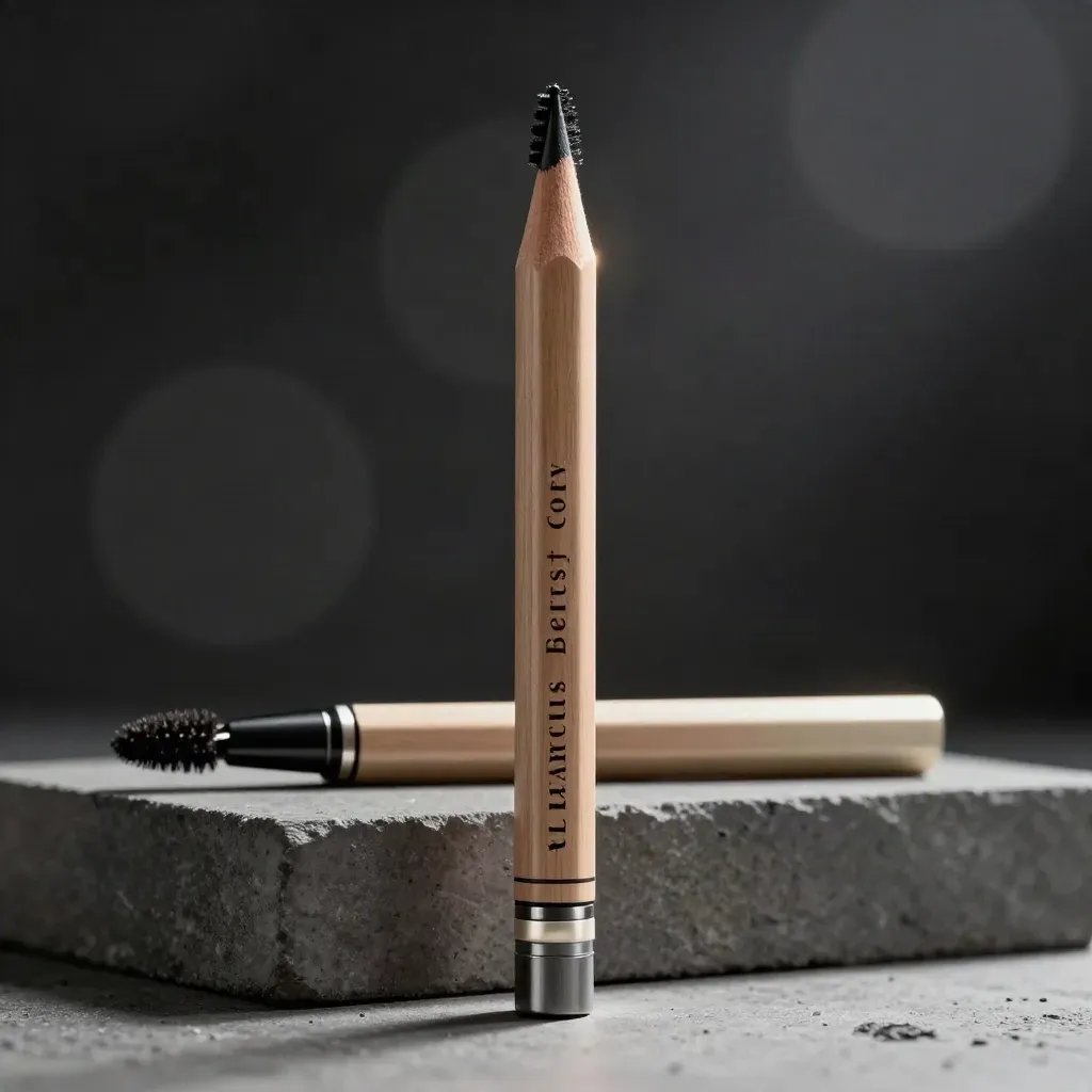 Upright brow pencil beside matte block with spoolie, low-angle studio hero lighting