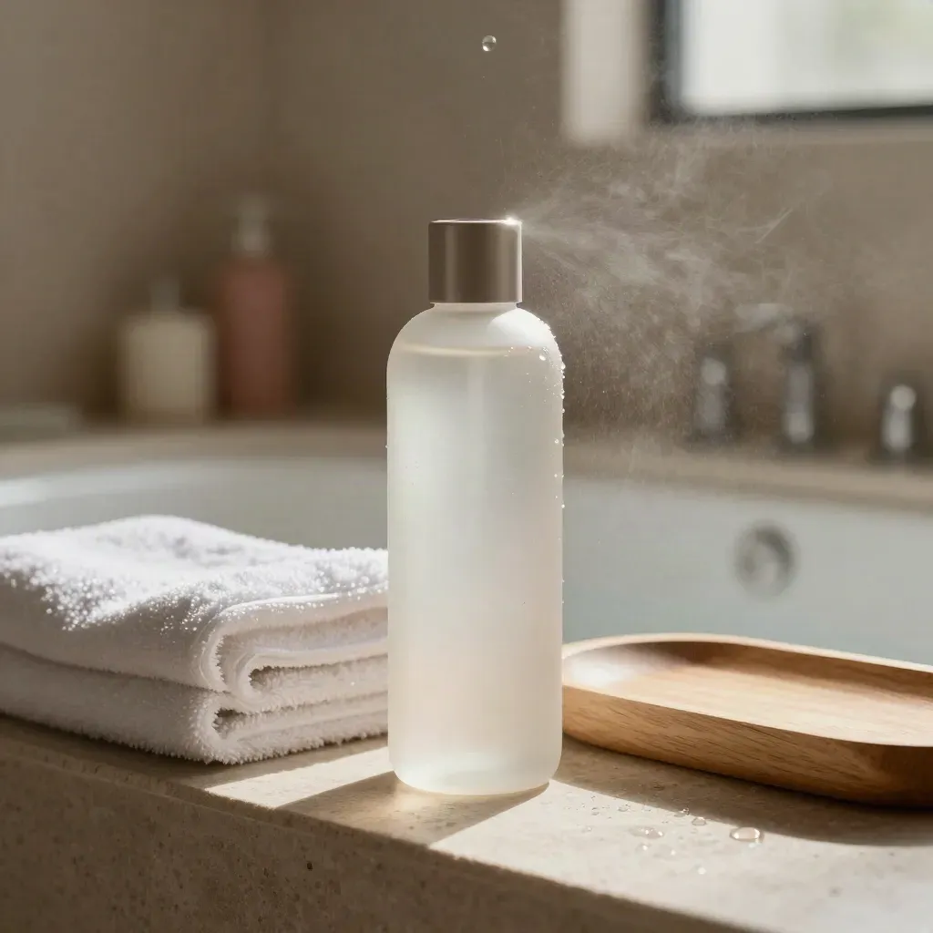 Rose water mist bottle with towel and tray amid fresh spray in a spa setting.