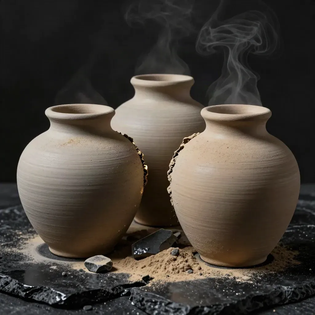 Three clay mask pots split from wet stone with glowing powder and steam.