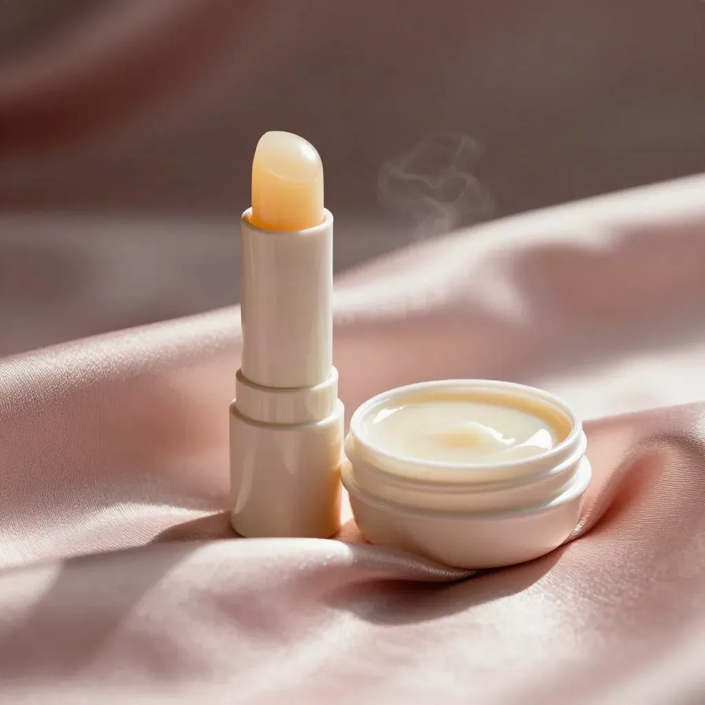 Macro of two lip balm tubes and an open tin on a blush satin fold in warm raking light.