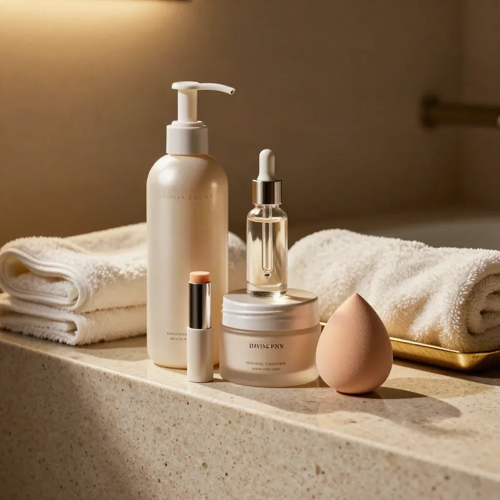 Beauty set bundle on travertine with cleanser, serum, moisturizer and makeup basics, glowing in warm gold light.