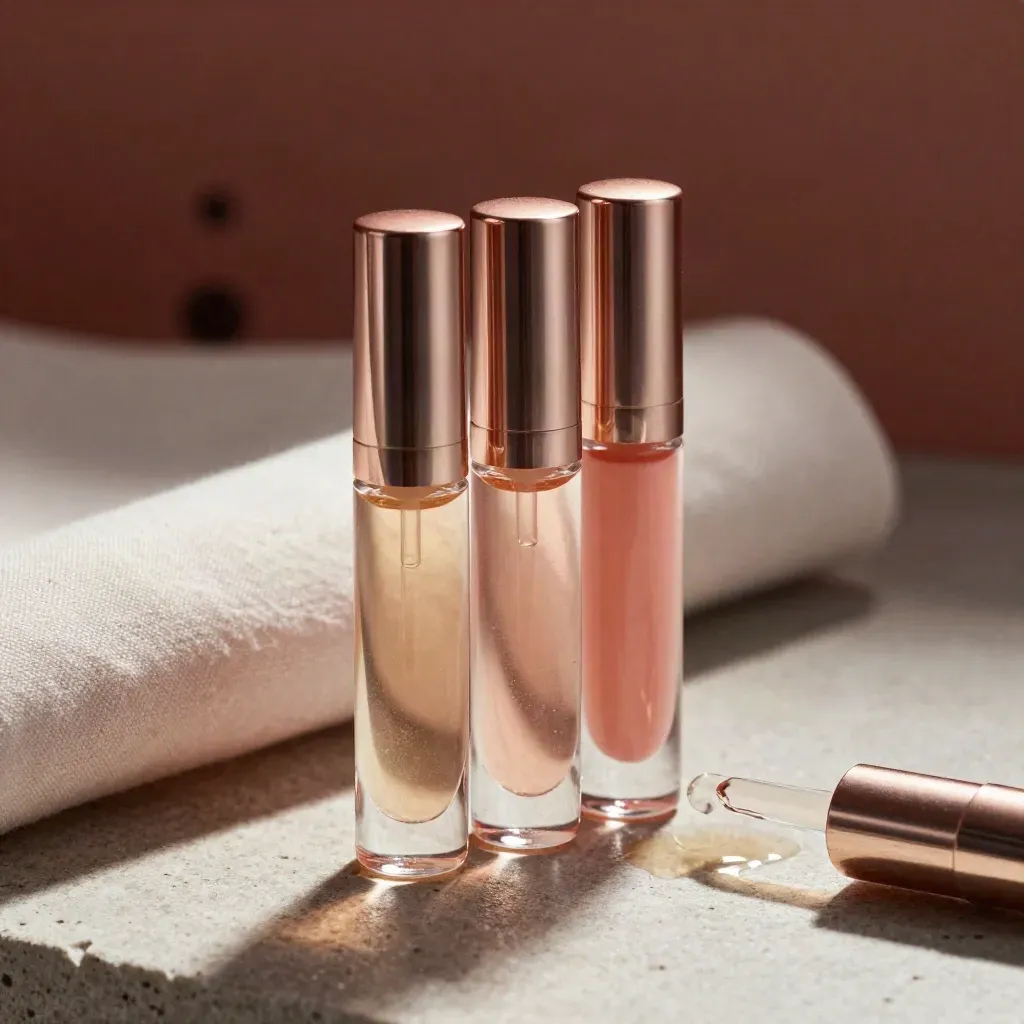 Three lip oil vials clustered on brushed stone with a sheen puddle and soft cloth fold