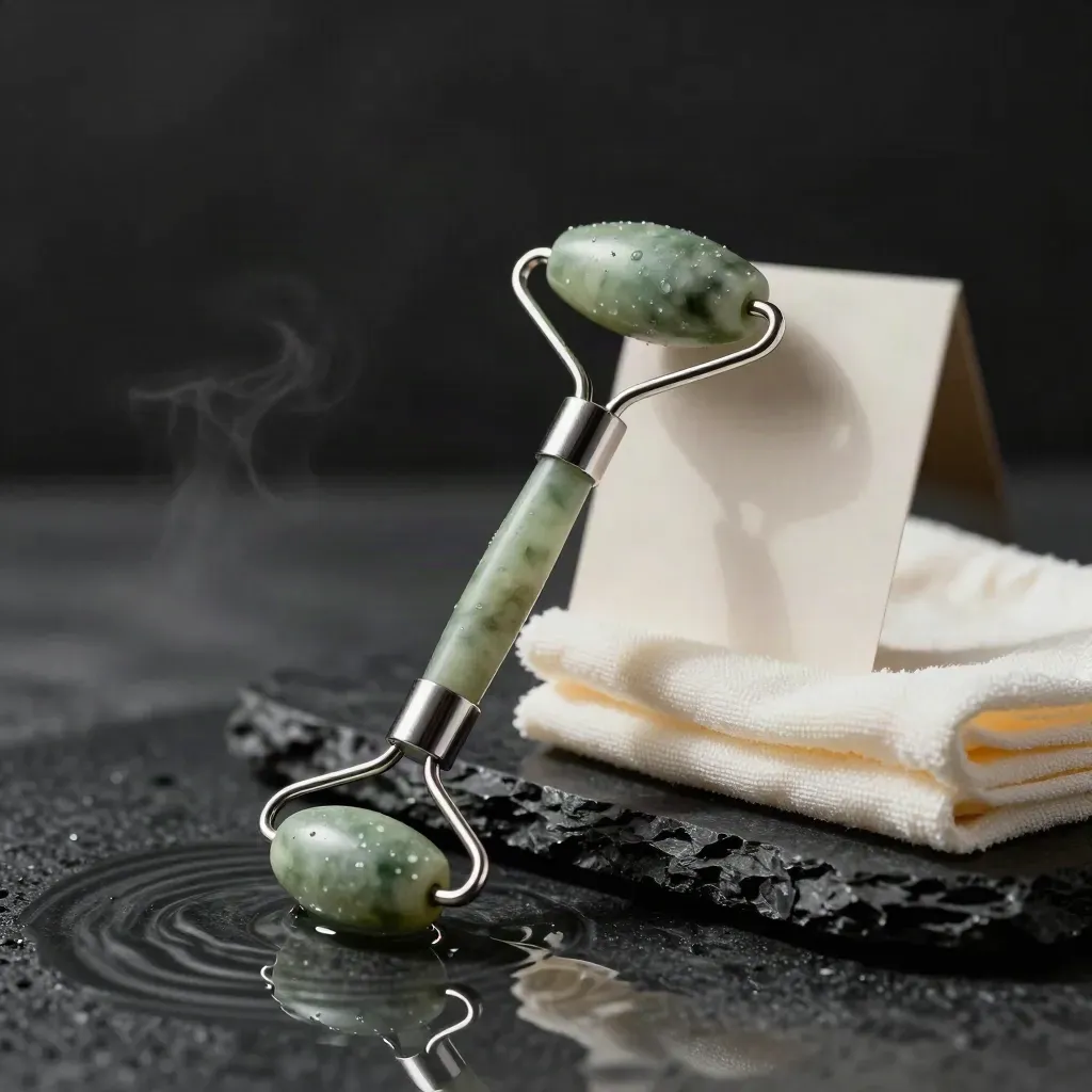 Jade face roller with stainless handle and stone stand beside washcloth and water ripple.