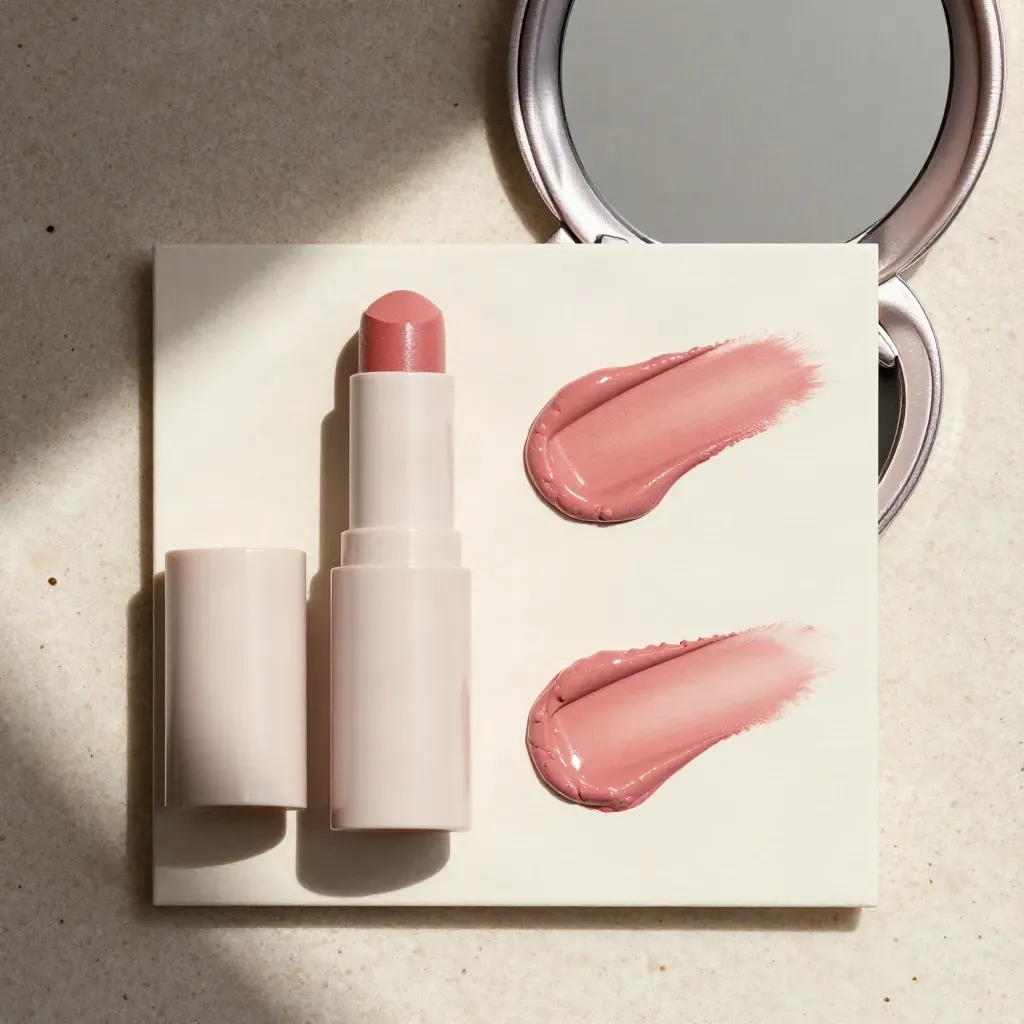 Overhead blush stick flatlay with cap, swatches, mirror, and product card on travertine.
