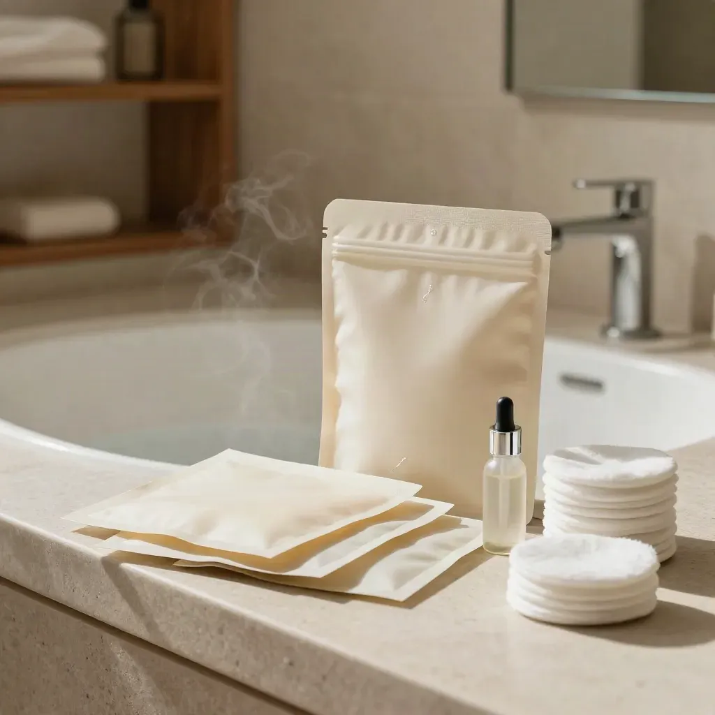 Frosted pouch with five sheet masks, serum vial and cotton rounds on a linen runner in soft spa light