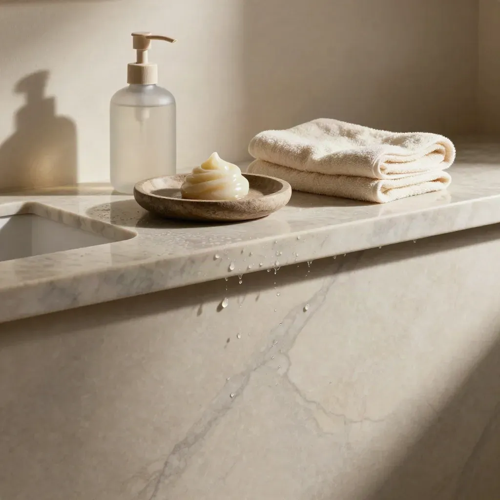 Marble vanity with cleanser bottle, cream towel, and damp stone in soft morning light