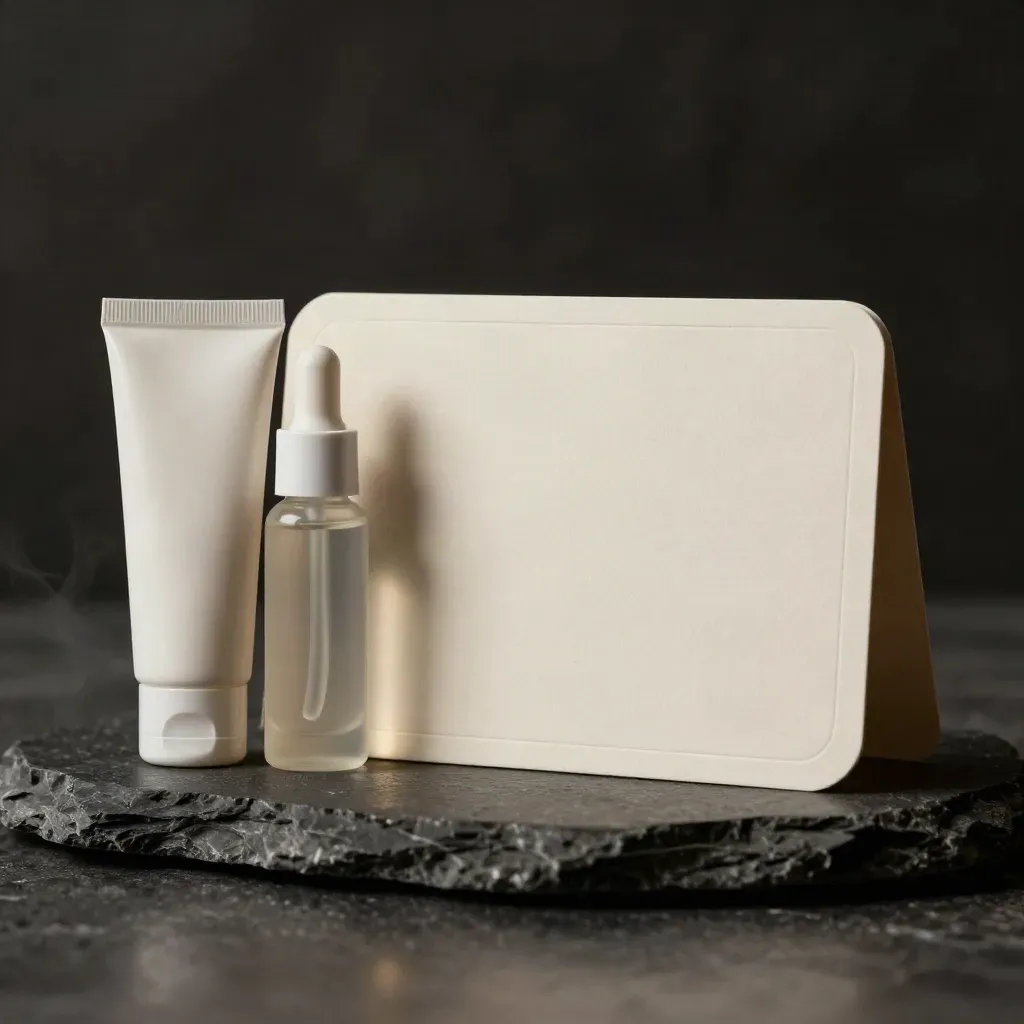 Ivory routine card with three skincare minis on a dark stone slab in dramatic studio light.