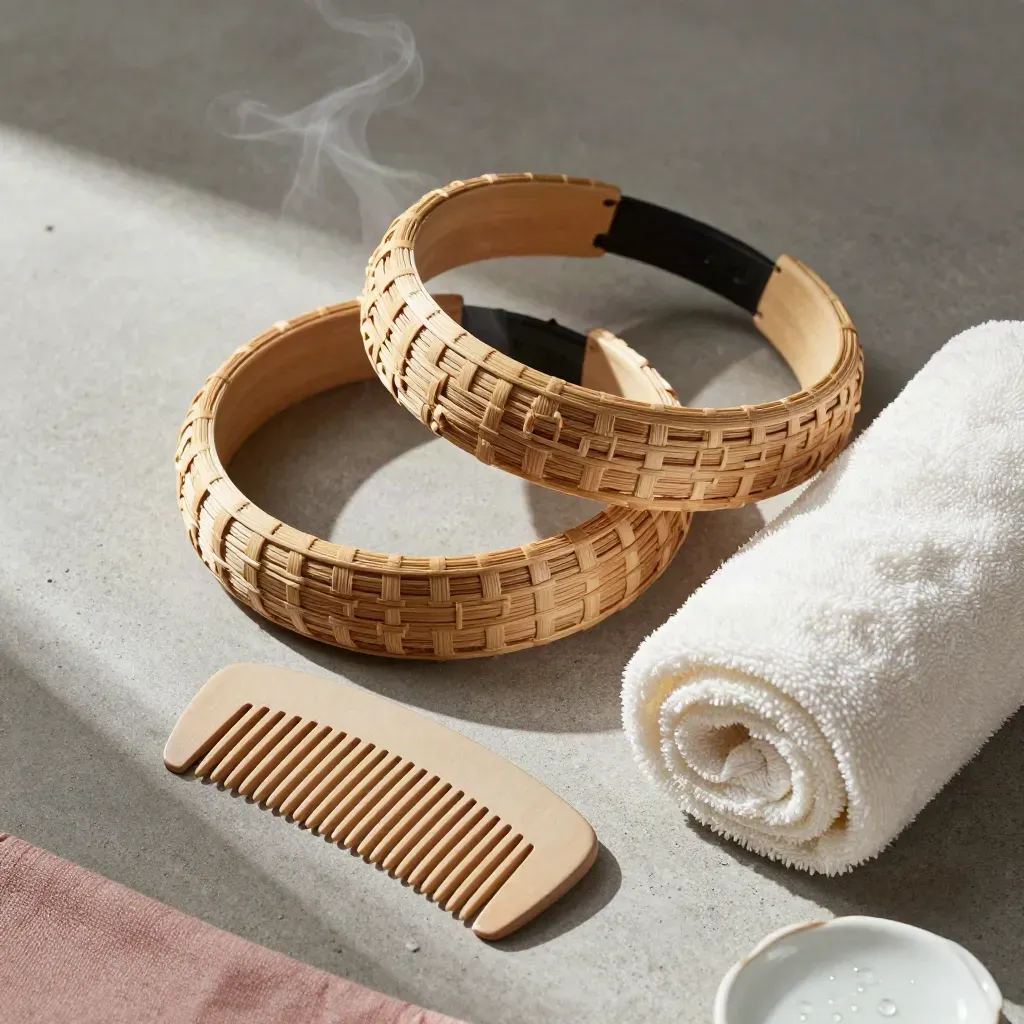 Overhead flatlay of two bamboo headbands with towel and comb on cool concrete, with soft steam.