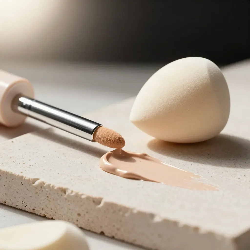 Macro of a warm beige concealer wand tip and sponge beside a clean swipe on cream stone.