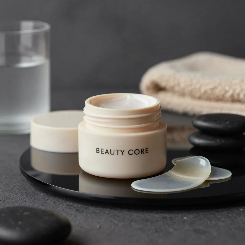 Under-eye patches jar on black glass with gel patch pairs and misty spa styling.
