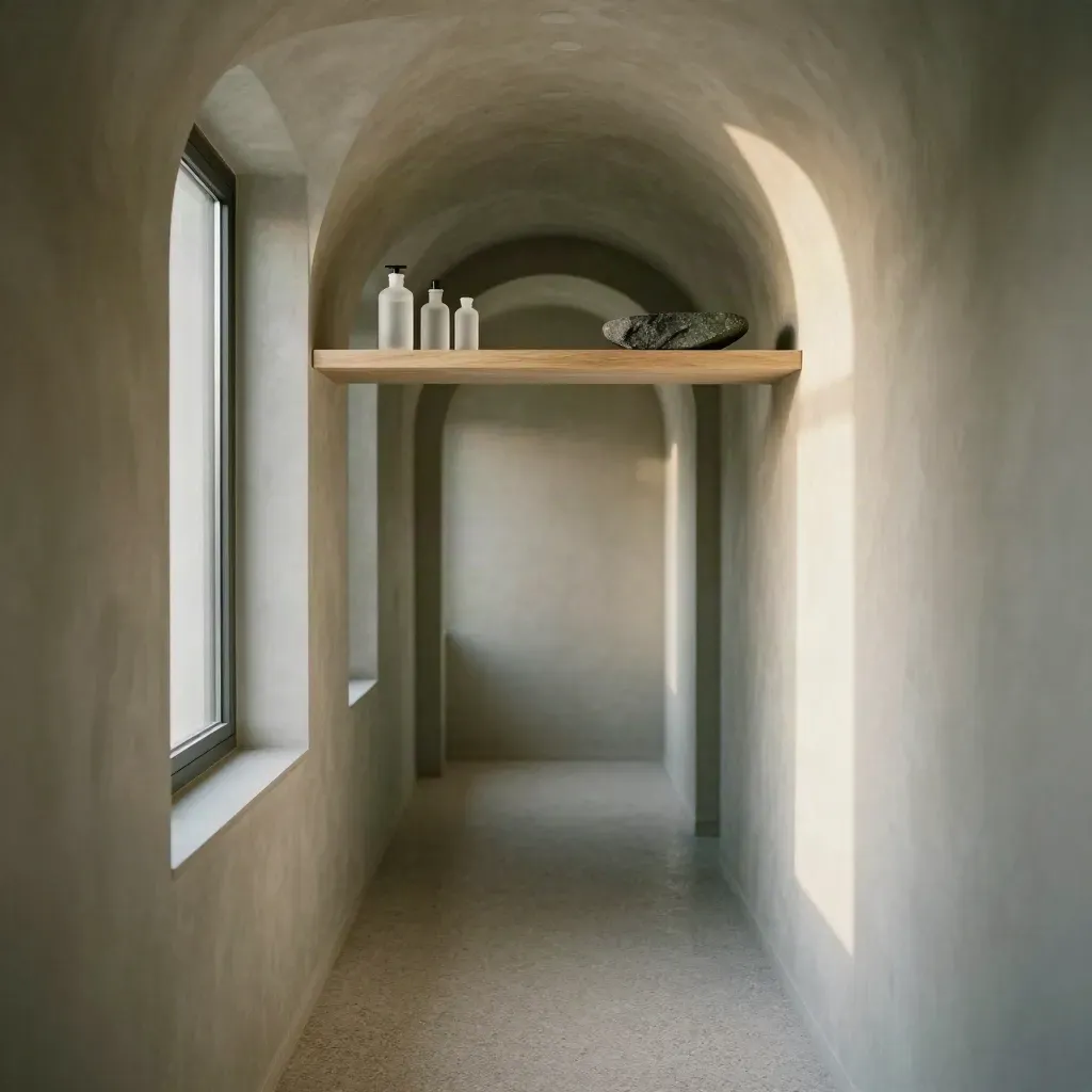 Sunlit plaster-arched bathroom corridor with a pale wood shelf and serum bottles